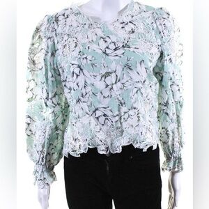 Floral Lace-Trim Puff Sleeve Blouse in Mint Green